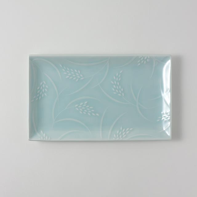 長方形　青磁　穂の小皿