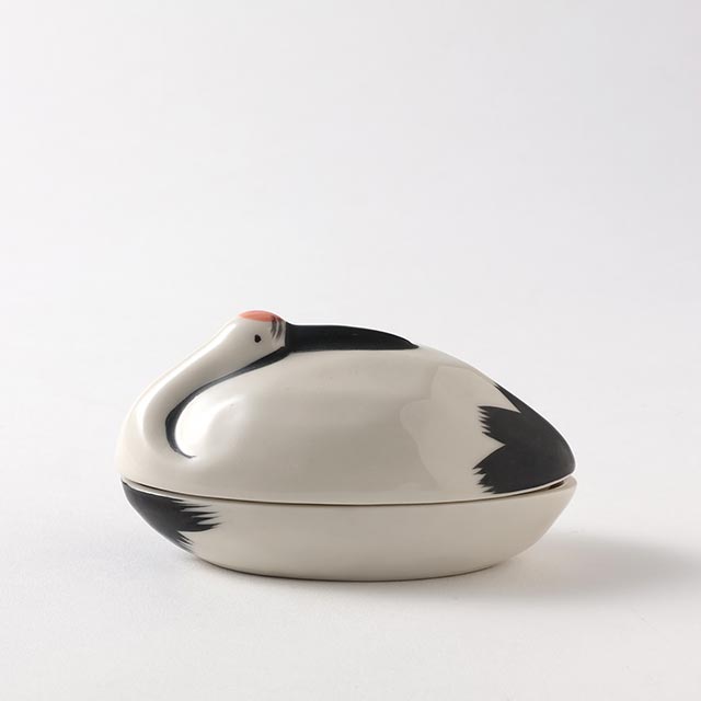 陶　鶴の器　蓋付