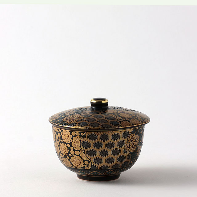湯呑 蓋付 金/黒