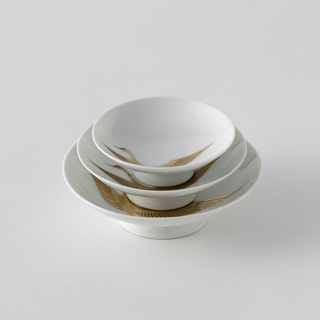 陶器 金銀鶴 白地屠蘇器(盃)