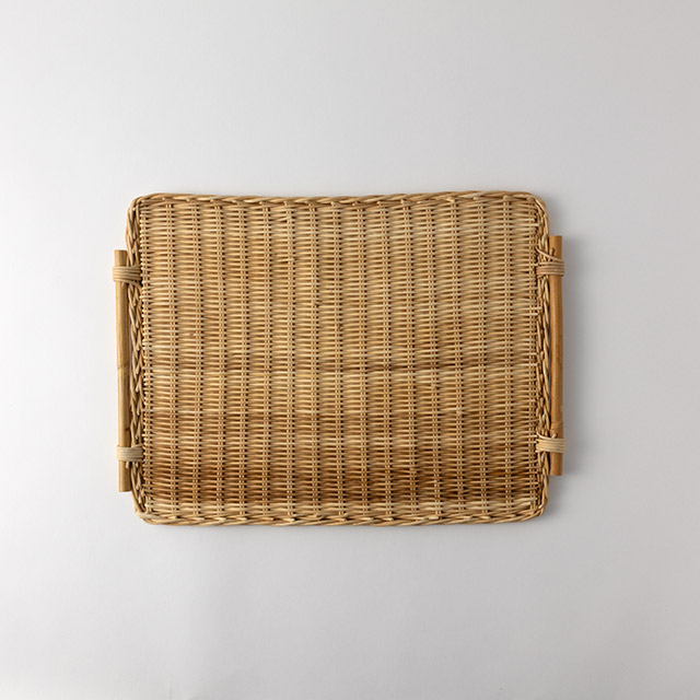 籐3c　平トレー　両手付　生成り