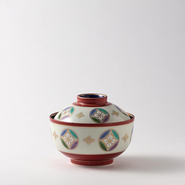 フタ付碗 白地 緑・紫・白紋