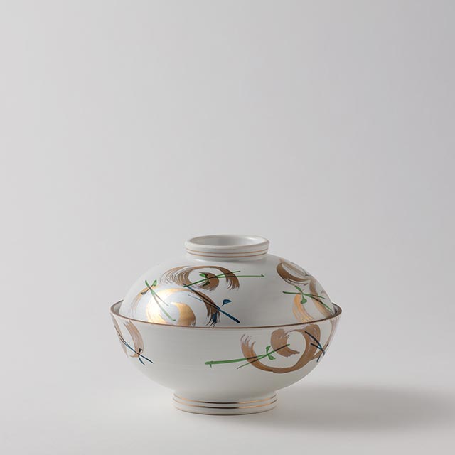 フタ付碗 白地 金に緑