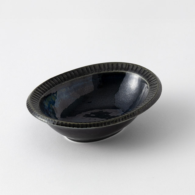 藍釉リムオーバル鉢　15×11