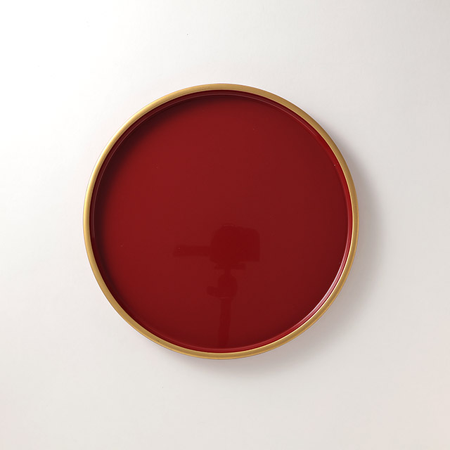 漆丸盆　朱　立ち上がり渕金　30.5cm