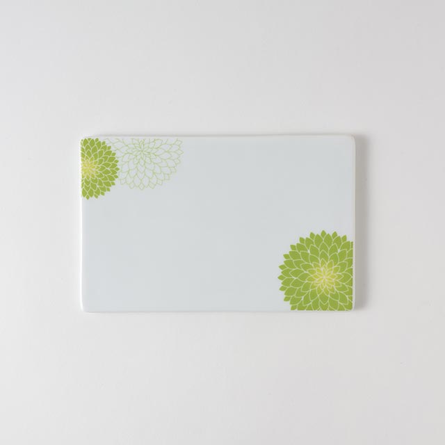 マム 長角皿 白地緑の花 18×11.5