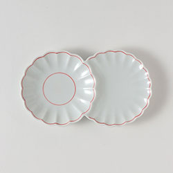 線模様　薬味皿　二連　白・朱