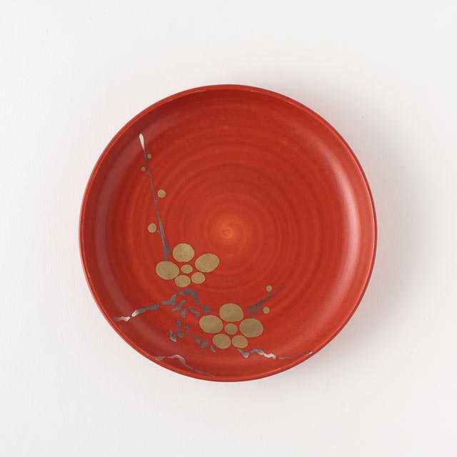 有田　朱地　金・銀彩　丸皿13cm　花