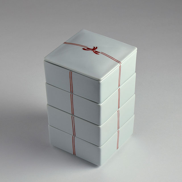 四君子 四段重 陶器 朱 結び