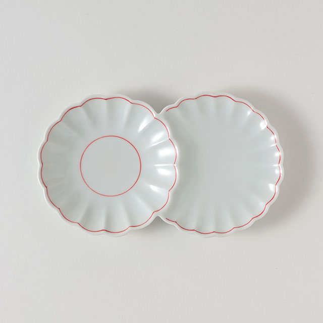 線模様 薬味皿 二連 白・朱
