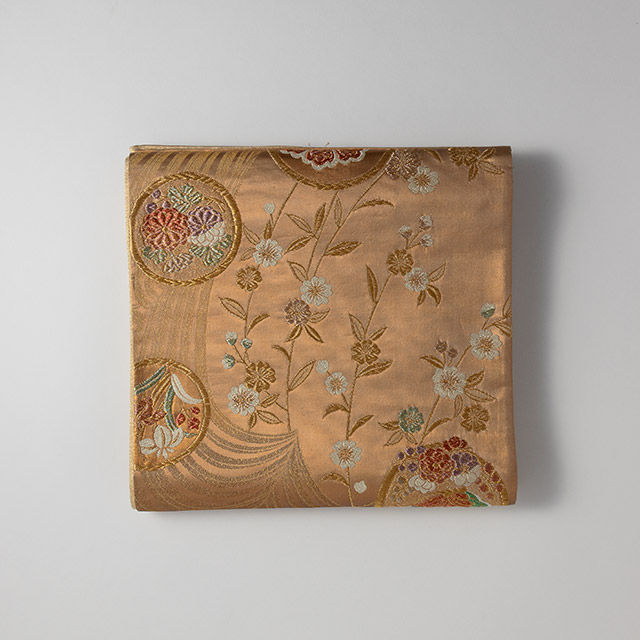 帯　オレンジ　古典の夢　金糸