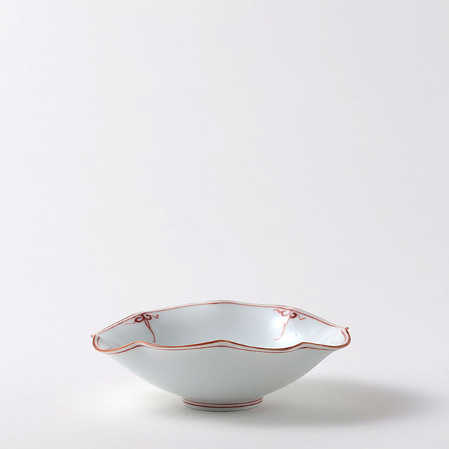 渕ヨーラク楕円鉢　白地朱の渕