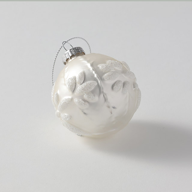 ガラスボール 銀/白フラワー6cm