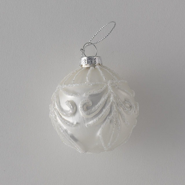 ガラスボール 銀/白シャンデリア柄6cm