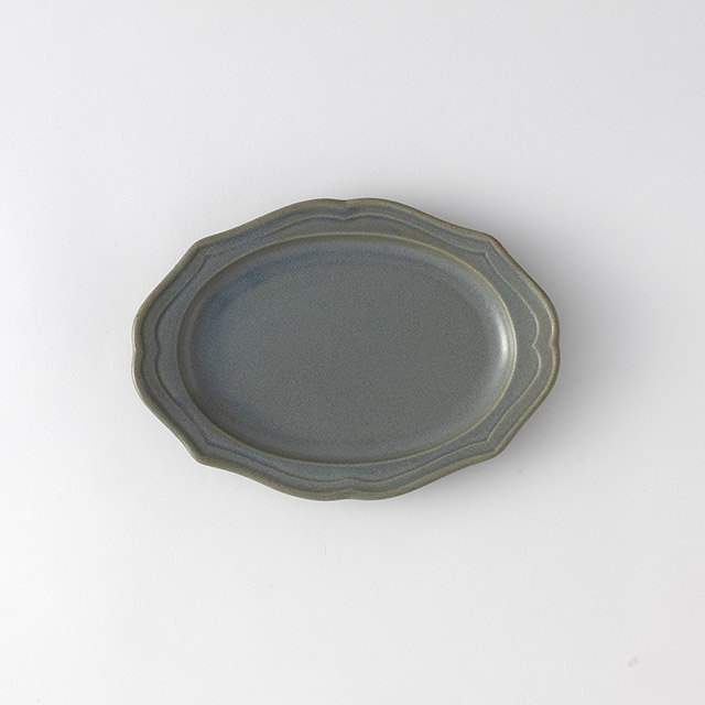 レリーフ縁取りオーバルプレート　灰青　美濃焼