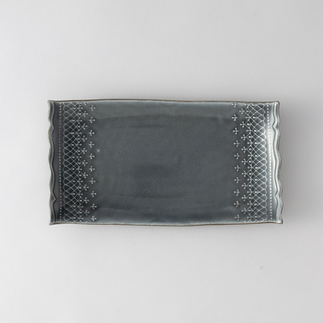 フレンチレース角皿　青緑