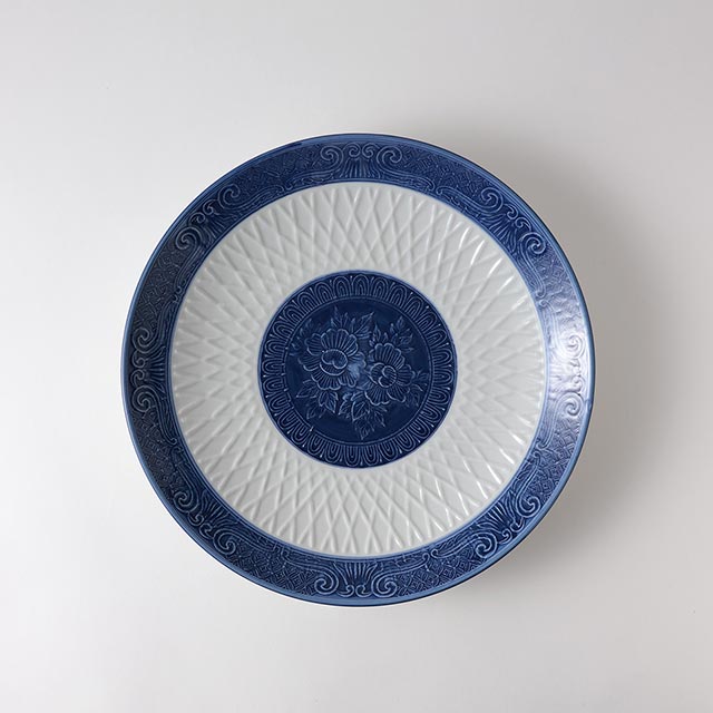 幸せ　28cm丸皿　紺/白