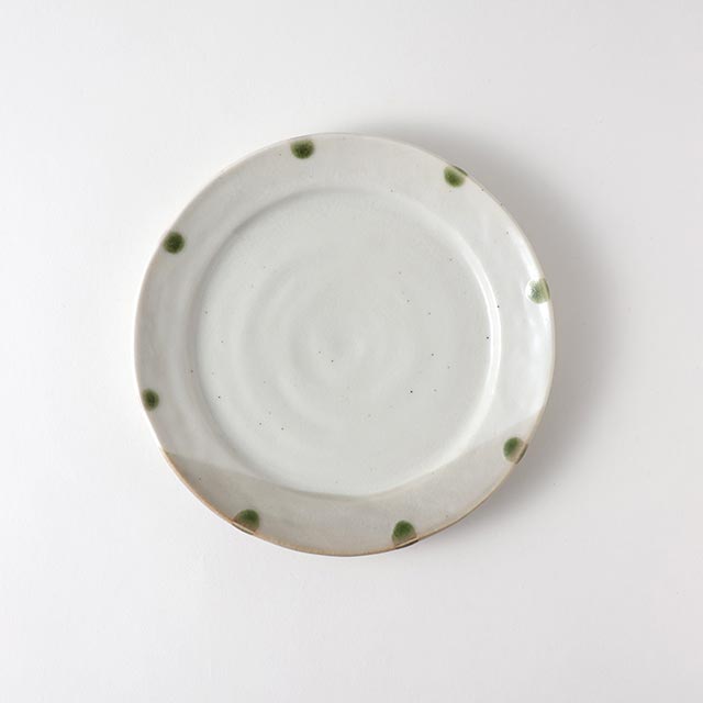 丸皿 19cmグレー地 緑水玉
