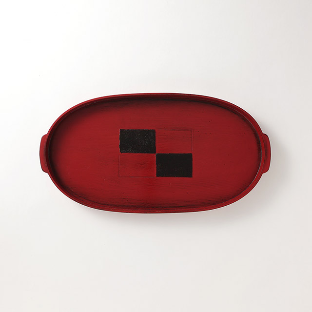 小判手付盆 市松根来(朱)