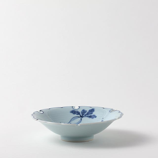 平鉢　白/紺　野菜６縁カット